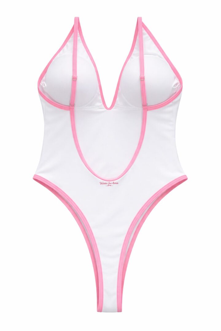 White and pink women's bodysuit with deep neckline.