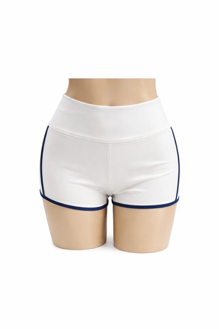 White athletic shorts with navy trim worn on a mannequin.
