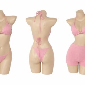 Three mannequins modeling different styles of pink bikinis from the back.