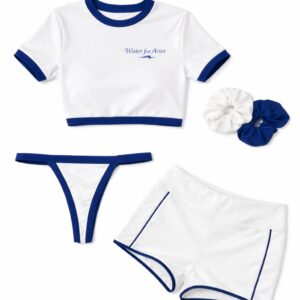 A four-piece white and blue swimsuit set for girls.