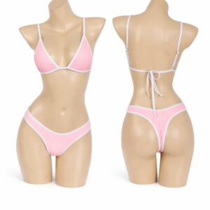 Pink bikini set displayed on a mannequin from front and back views.
