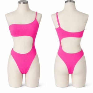 Bright pink cut-out one-piece swimsuit with asymmetrical straps.