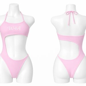 Pink one-piece swimsuit with cutouts and halter neck design.