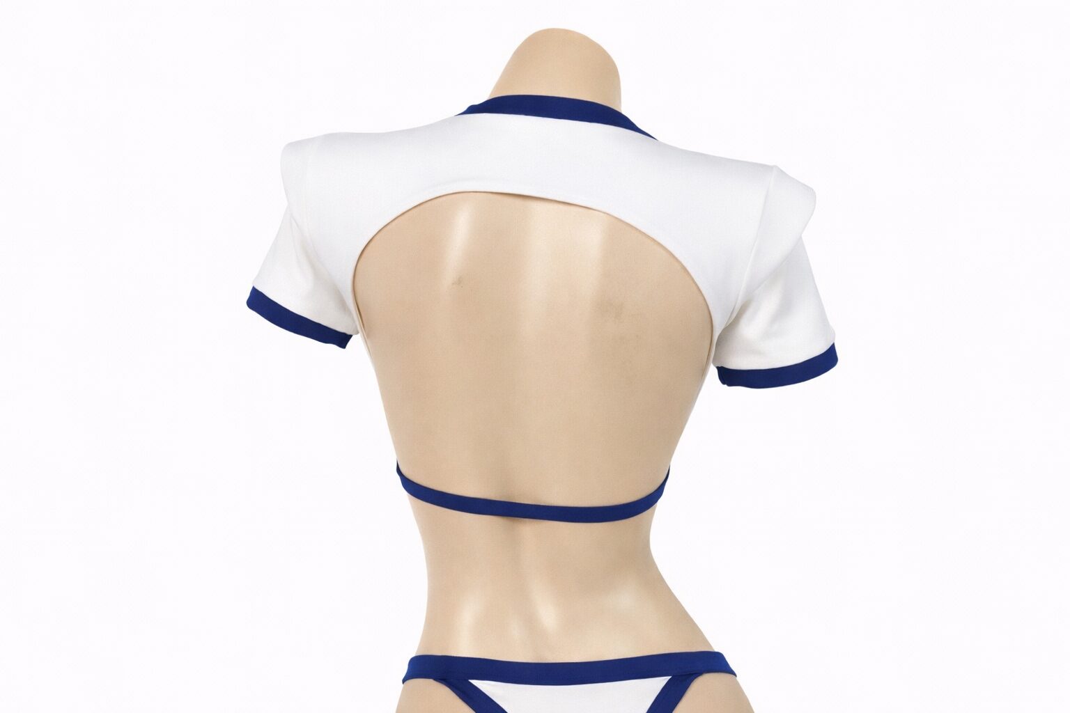 Back view of a white and blue lingerie set with cut-out design.