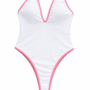 White one-piece swimsuit with pink trim.