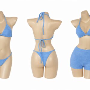 Three mannequins display blue bikini and swimwear variations.