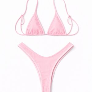 A pink two-piece bikini set with a triangle top and thong bottom.