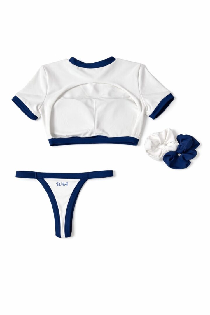 Two-piece lingerie set with matching scrunchies in white and navy blue.