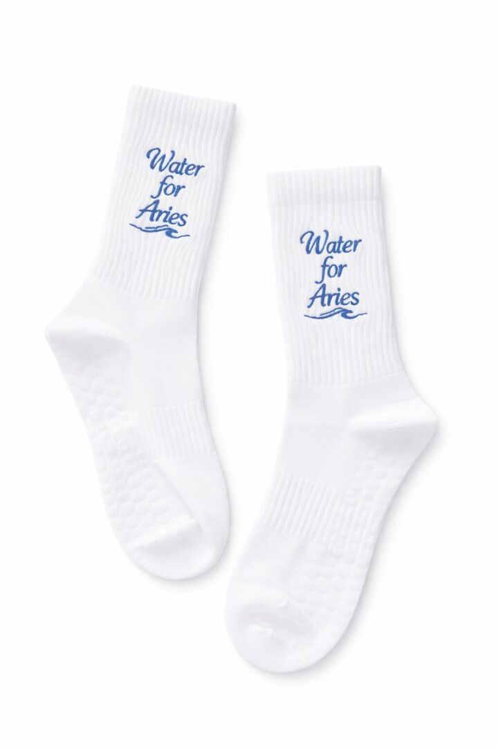 White socks with blue 'Water for Fries' text on the cuffs.