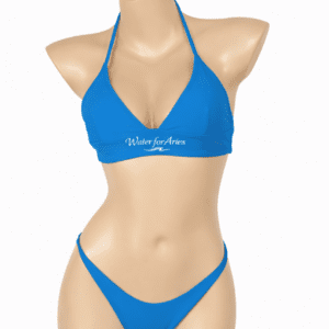 Blue bikini on a mannequin torso with halter neck design.