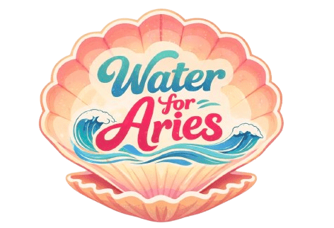 A colorful seashell with the phrase 'Water for Aries' inside.