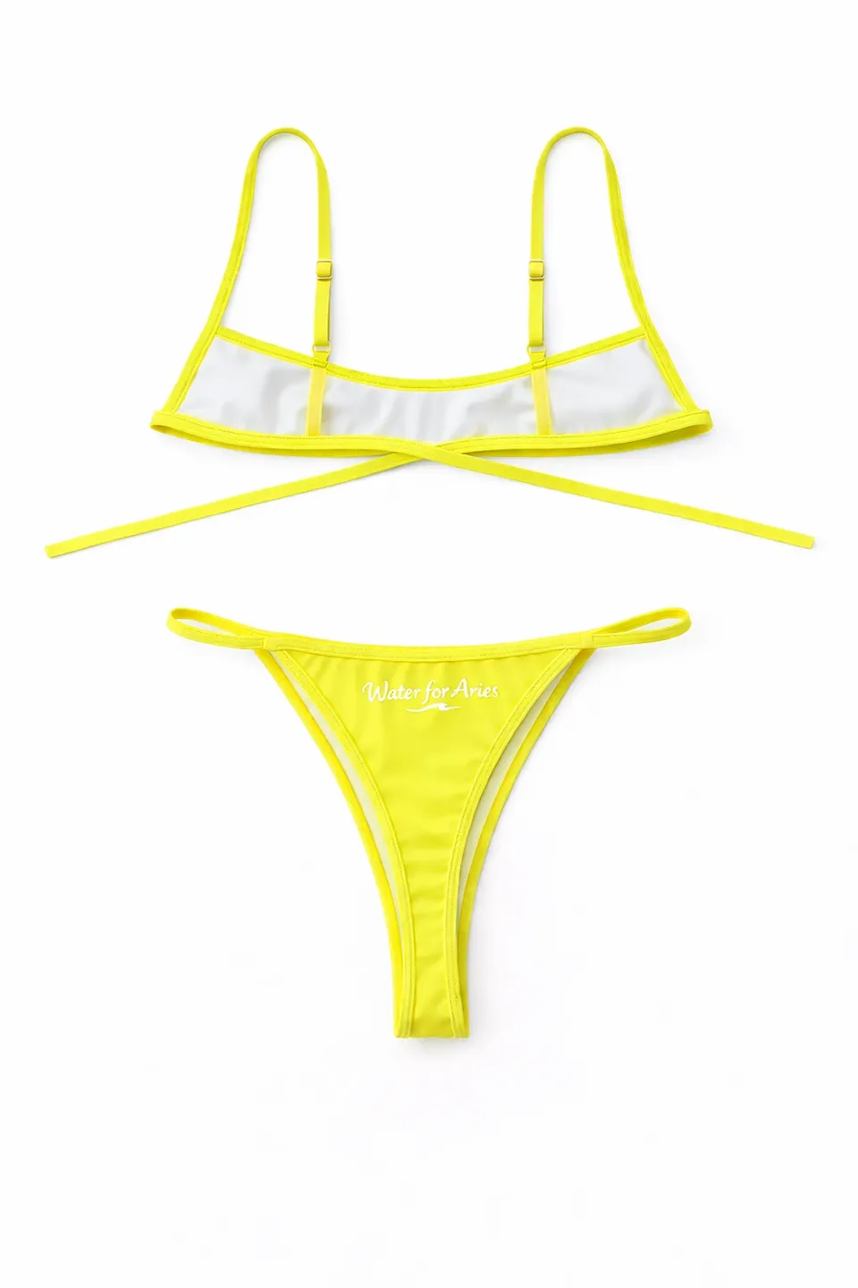 Bright yellow bikini set with mesh details.