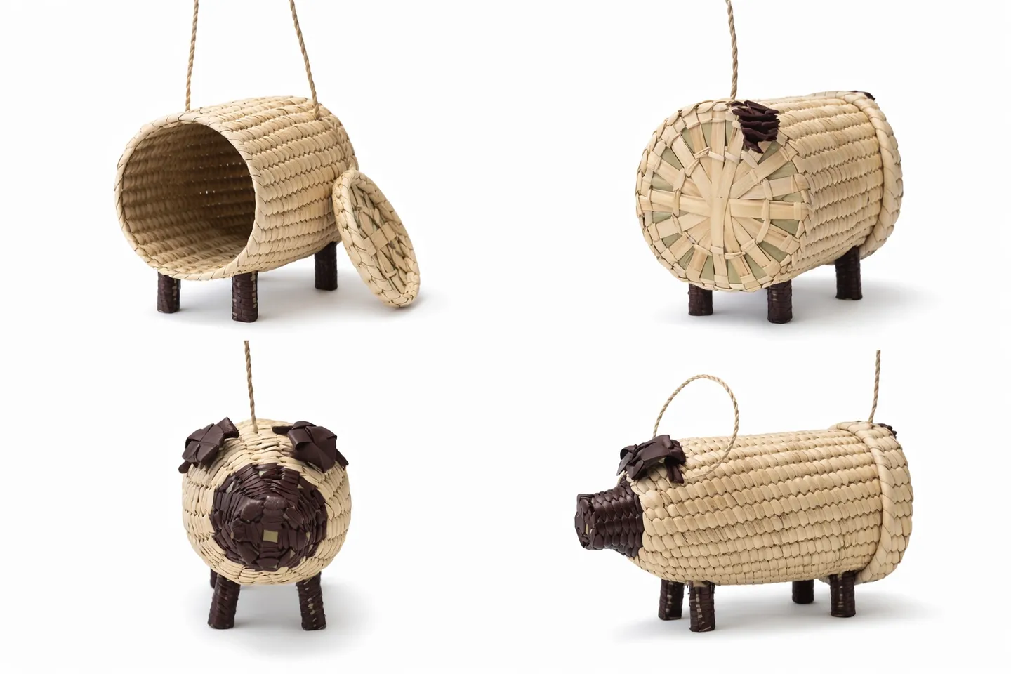 Handcrafted pig-shaped wicker basket with a removable lid and rope handle.