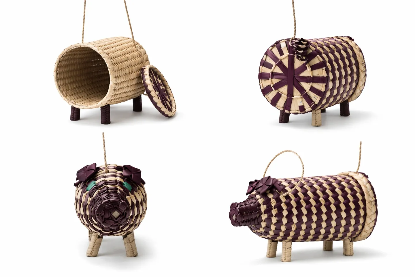 Handwoven animal-shaped baskets with handles, each standing on small legs.