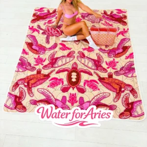 Pink-themed picnic setup with a woman and text 'Water for Aries'.