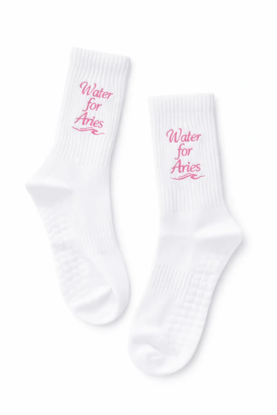 White socks with pink "Waiter for Fries" text.