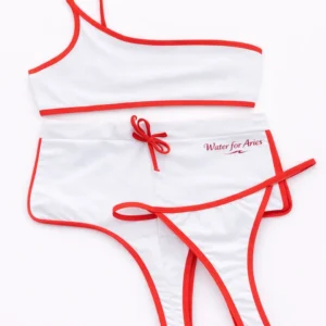 White and red striped bikini with a bow detail.