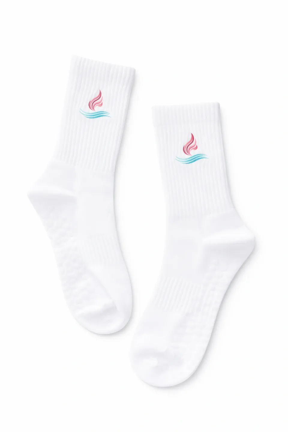 White socks with colorful flame logo.