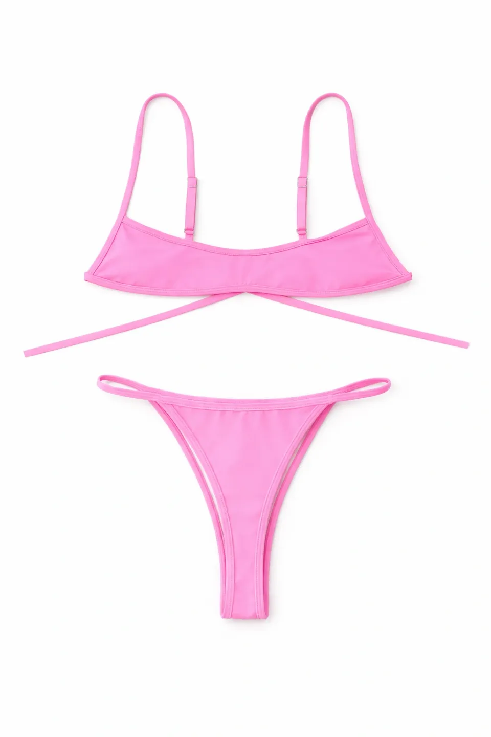 A bright pink bikini set with thin straps and a minimal design.