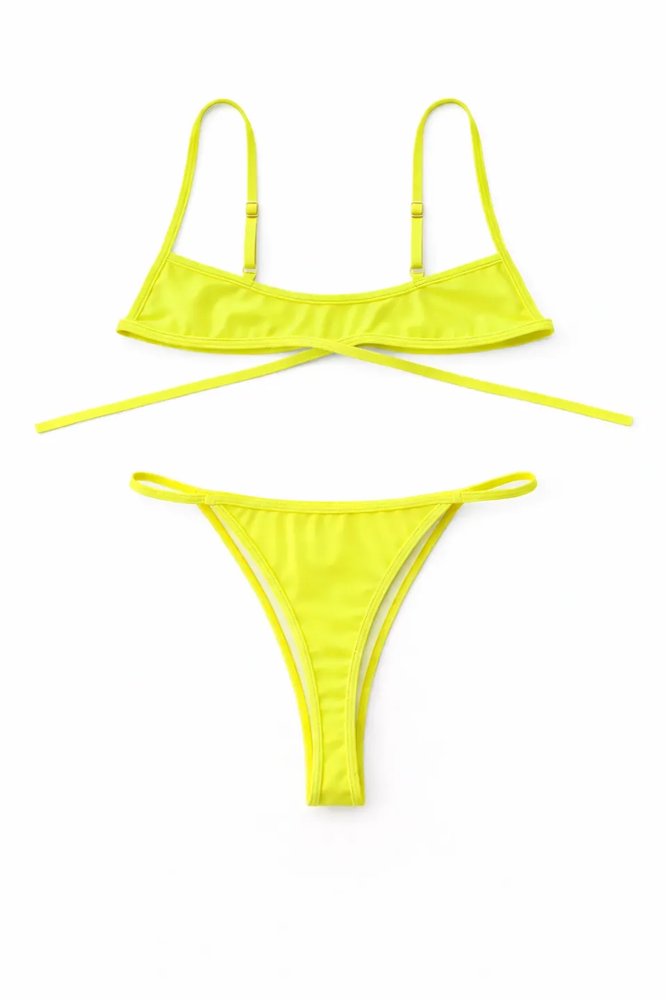 Bright yellow bikini set with minimal coverage and thin straps.