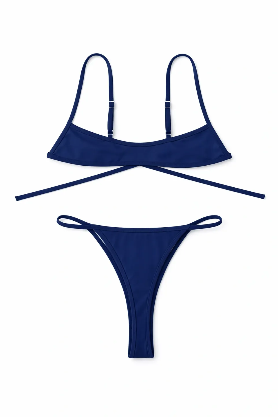 A minimalistic navy blue bikini set with thin straps.